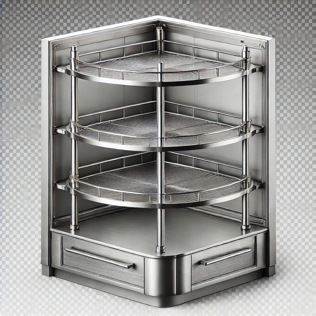 DALL·E 2025-02-04 01.12.28 - A realistic high-quality image of a stainless steel corner carousel shelf for modern kitchen cabinets. The shelf is designed to fit inside a corner ca
